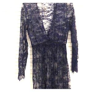 Sexy See-Through Lace Gown Lingerie Navy Blue